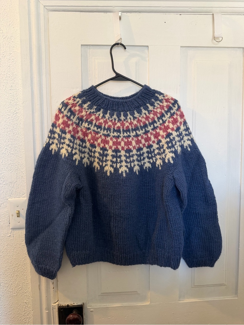 Handknit Navy Wool Fair Isle Sweater with Cream & Red Yoke